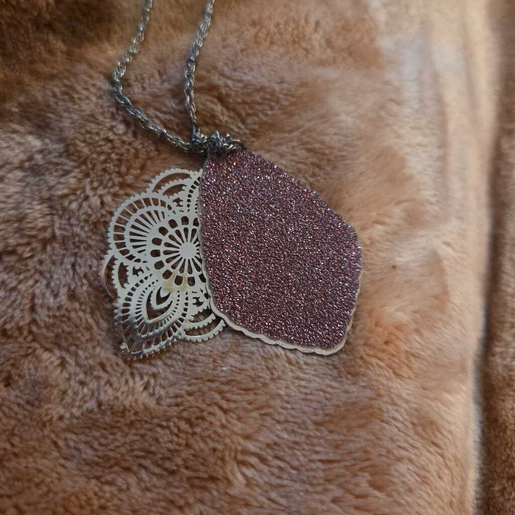 Vintage Style Pendant Necklace with Glitter and filigree Charms
