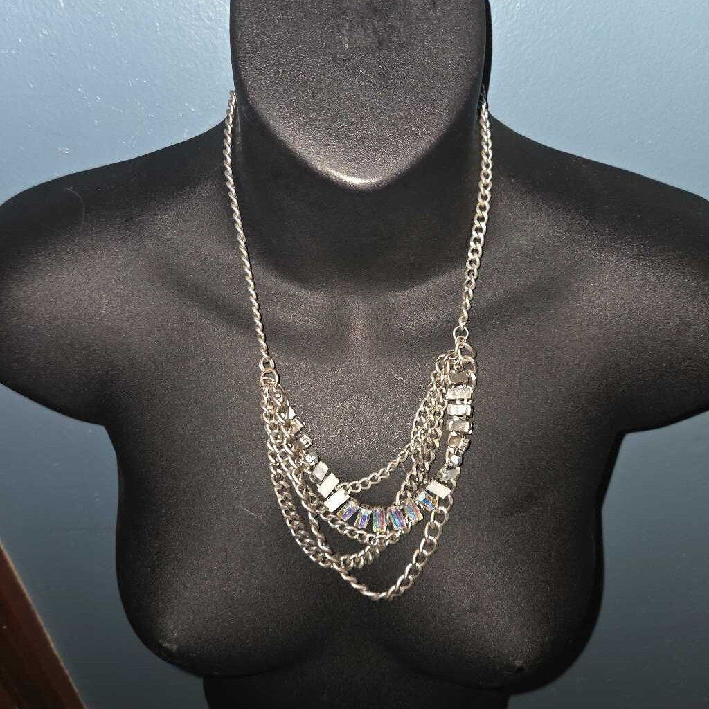 Vintage Silver Tone chain Necklace with Crystal Accents