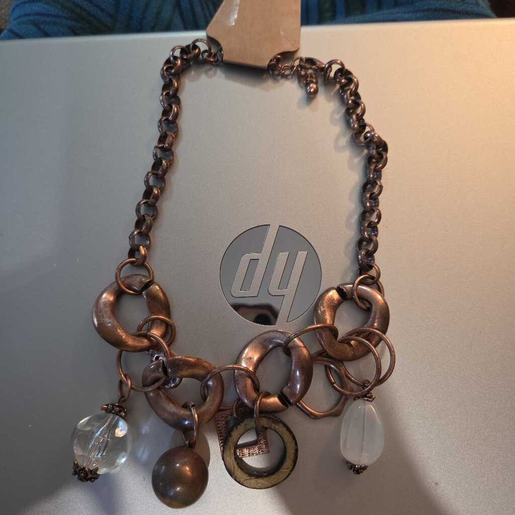 Vintage Copper Charm Necklace w/Glass Accents