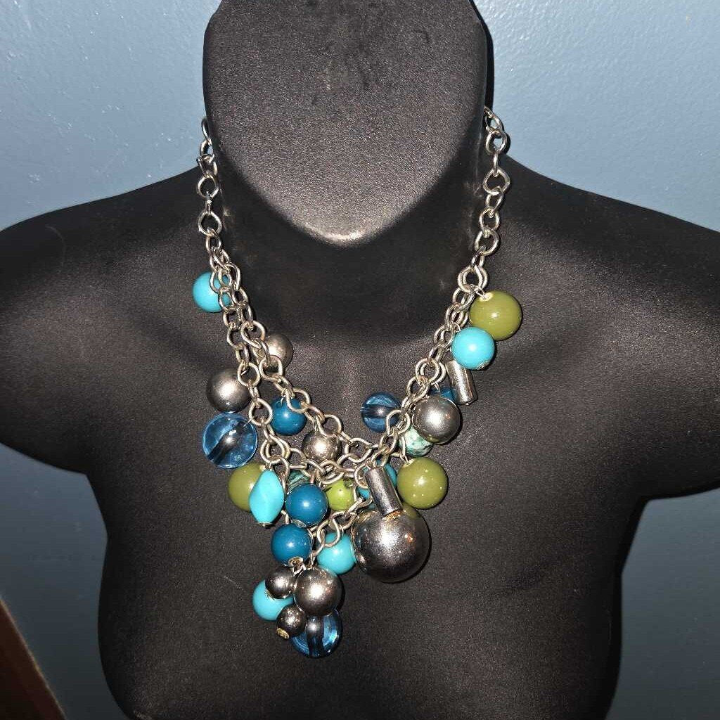 Vintage Chunky Beaded Necklace with Blue and Green Beads