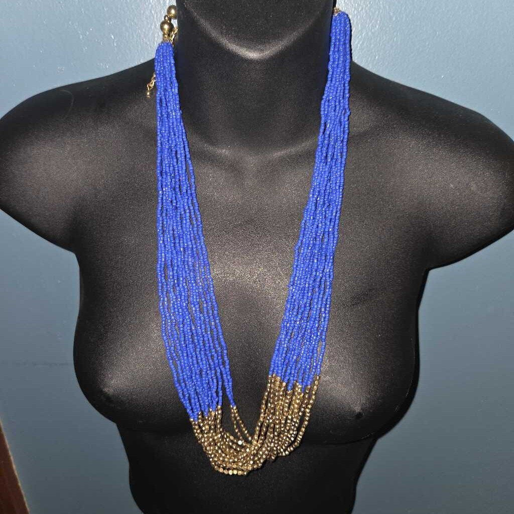 Vintage Multstrand blue & Gold Beaded Necklace