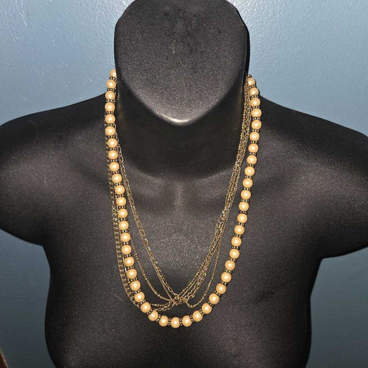 Vintage Multi-Strand Faux Pearl & Chain Necklace