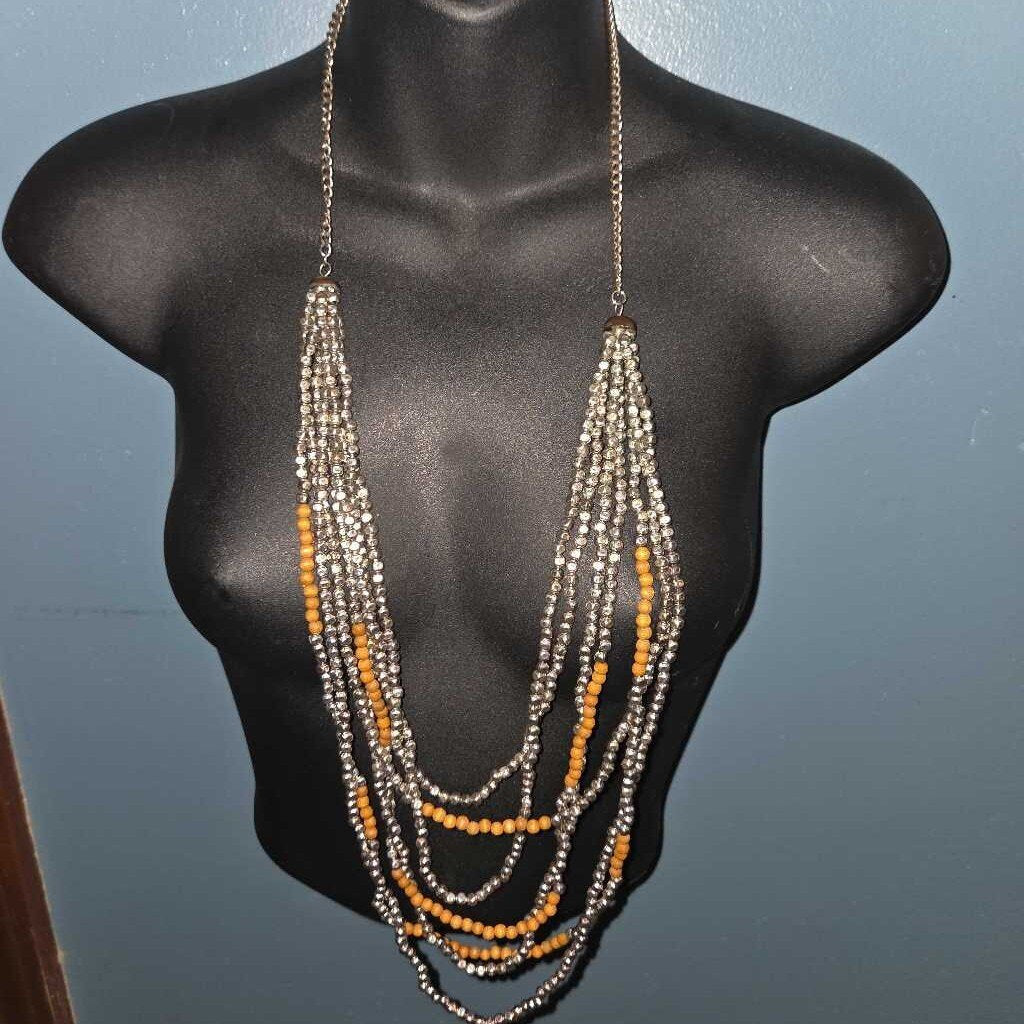 Vintage Beaded Necklace with Silver & Brown Beads