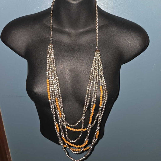 Vintage Beaded Necklace with Silver & Brown Beads