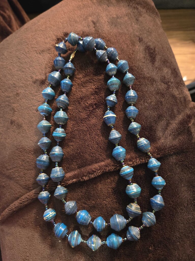 Vintage Blue Paper Bead Necklace