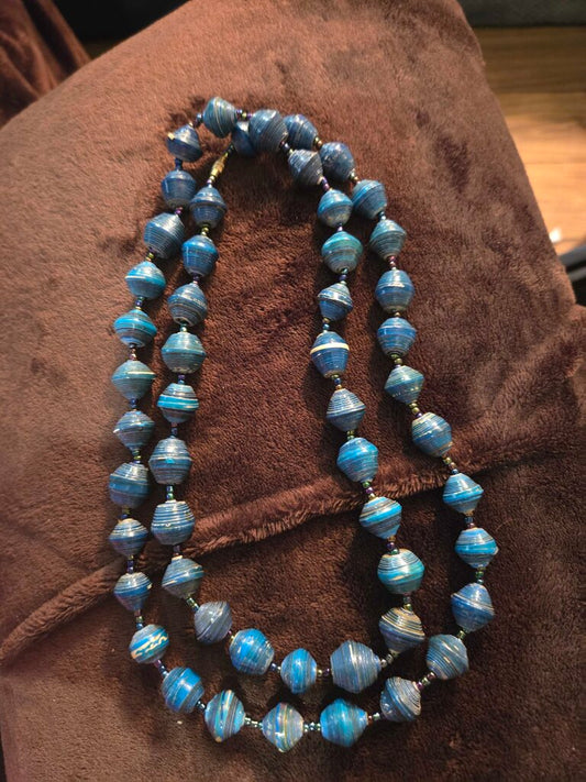 Vintage Blue Paper Bead Necklace